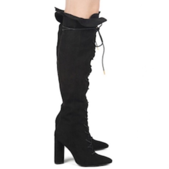RESTOCKED Faux Suede Lace Up Knee Hi Boots – Black - Picture 4 of 6